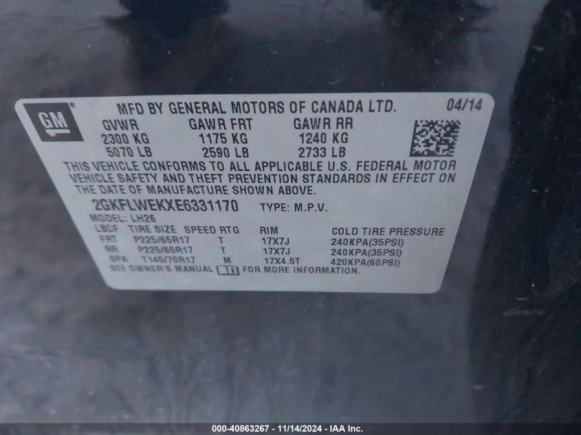 2014 GMC Terrain Sle-2 VIN: 2GKFLWEKXE6331170 Lot: 40863267