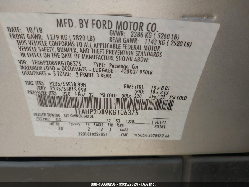 2019 FORD TAURUS SE - 1FAHP2D89KG106375