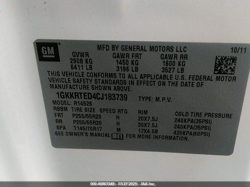 2012 GMC Acadia Denali VIN: 1GKKRTED4CJ183739 Lot: 40863348