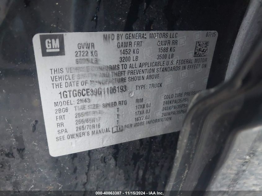 VIN 1GTG6CE39G1106193 2016 GMC Canyon, Sle no.9