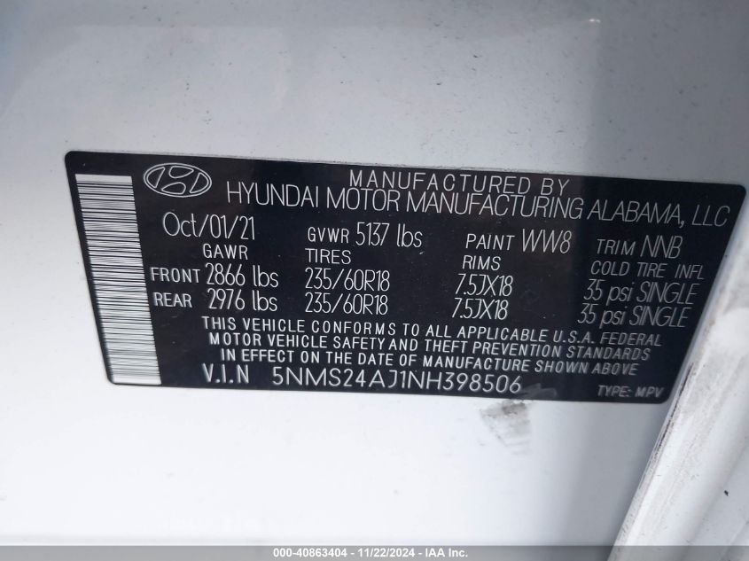 2022 Hyundai Santa Fe Sel VIN: 5NMS24AJ1NH398506 Lot: 40863404