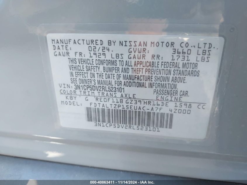 2024 Nissan Kicks Sr Xtronic Cvt VIN: 3N1CP5DV2RL523101 Lot: 40863411