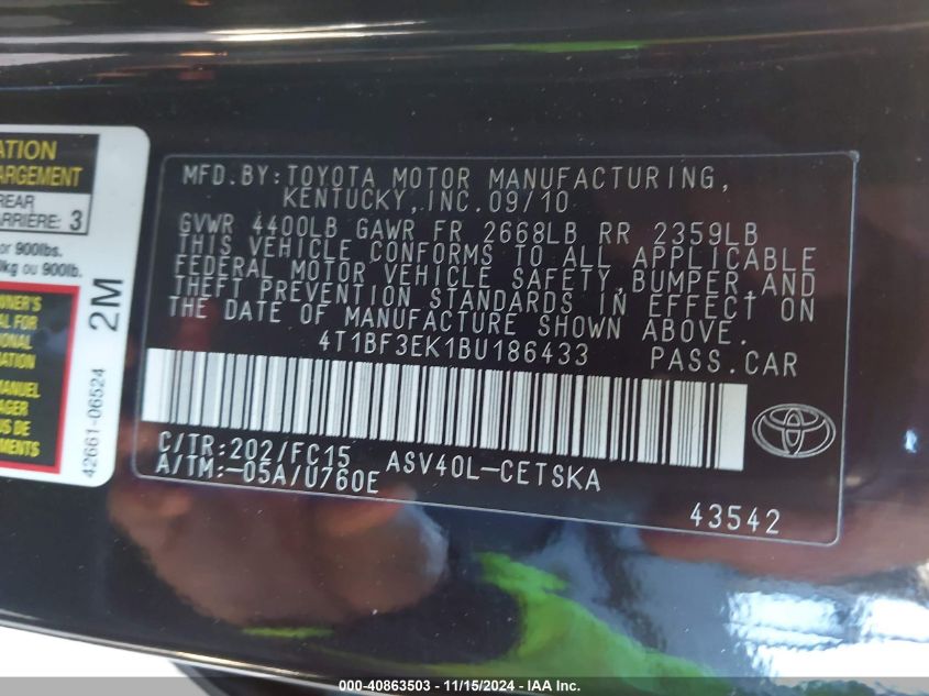 2011 Toyota Camry Se VIN: 4T1BF3EK1BU186433 Lot: 40863503