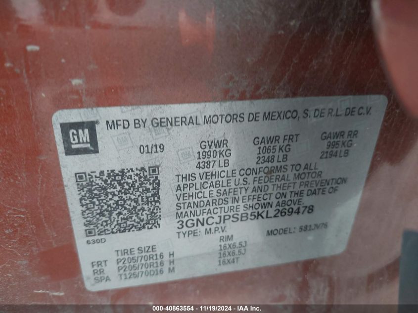 VIN 3GNCJPSB5KL269478 2019 CHEVROLET TRAX no.9