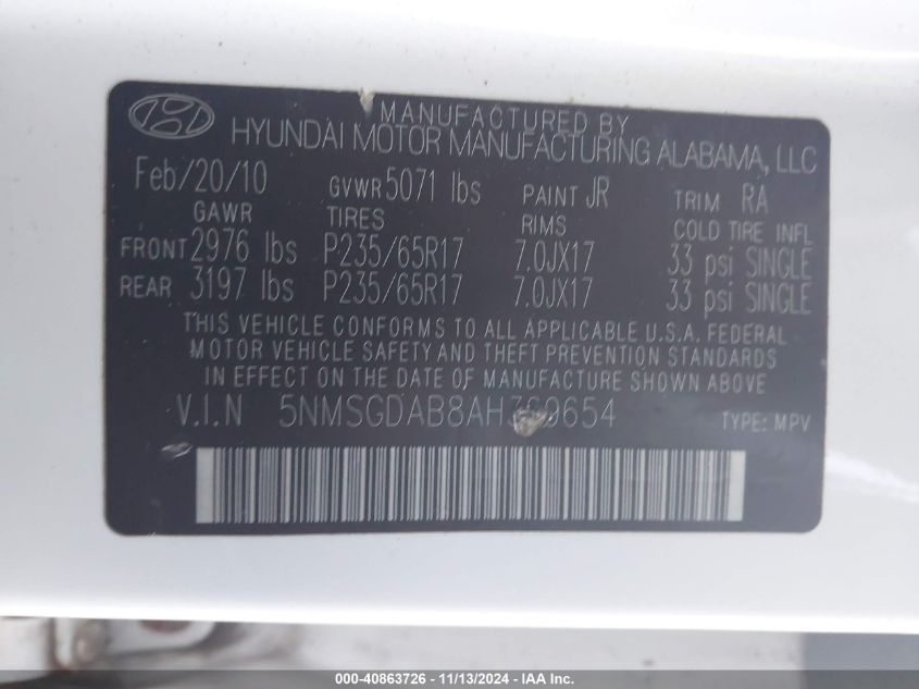 2010 Hyundai Santa Fe Gls VIN: 5NMSGDAB8AH369654 Lot: 40863726