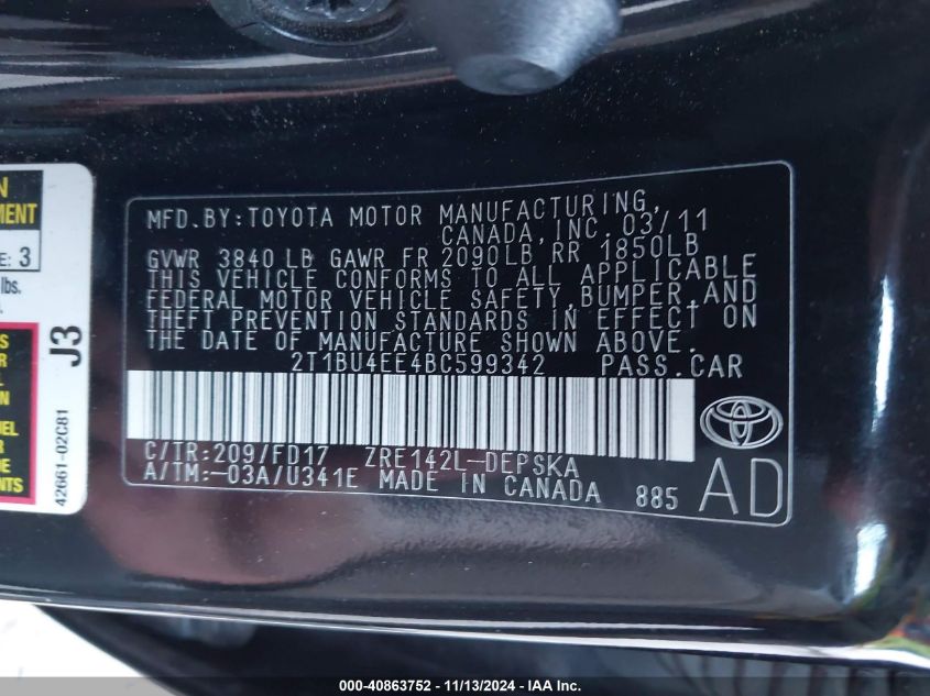 2011 Toyota Corolla S VIN: 2T1BU4EE4BC599342 Lot: 40863752