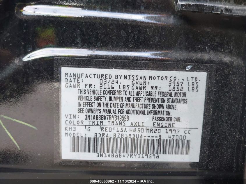 2024 Nissan Sentra S Xtronic Cvt VIN: 3N1AB8BV7RY319598 Lot: 40863962