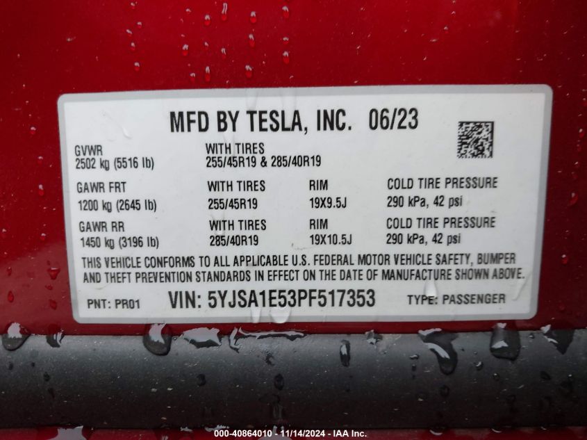 2023 Tesla Model S Dual Motor All-Wheel Drive/Standard Range VIN: 5YJSA1E53PF517353 Lot: 40864010