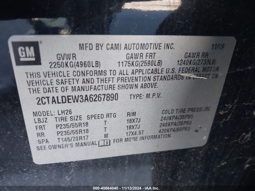 2010 GMC Terrain Sle-2 VIN: 2CTALDEW3A6267890 Lot: 40864040