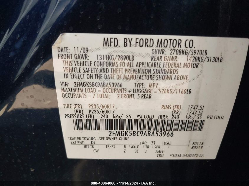 2010 Ford Flex Se VIN: 2FMGK5BC9ABA53966 Lot: 40864068