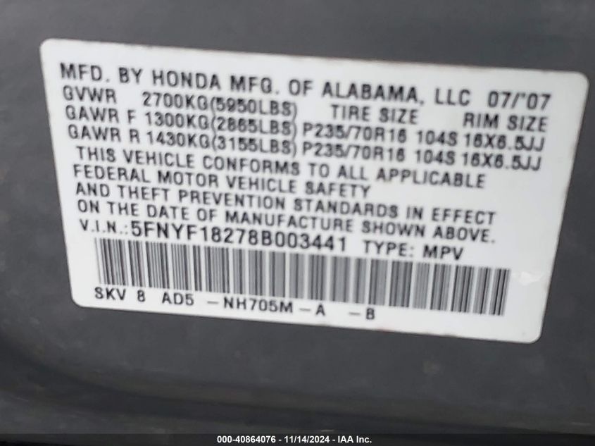 2008 Honda Pilot Vp VIN: 5FNYF18278B003441 Lot: 40864076