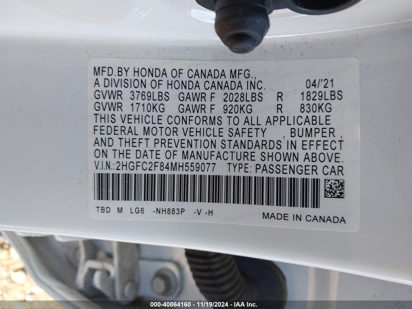 VIN 2HGFC2F84MH559077 2021 HONDA CIVIC SPORT