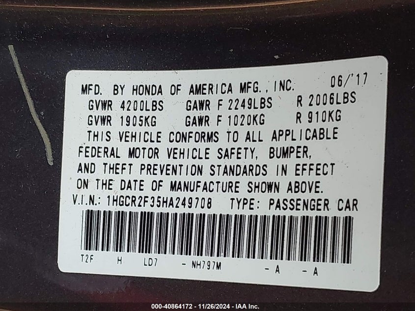 2017 HONDA ACCORD VIN: 1HGCR2F35HA249708