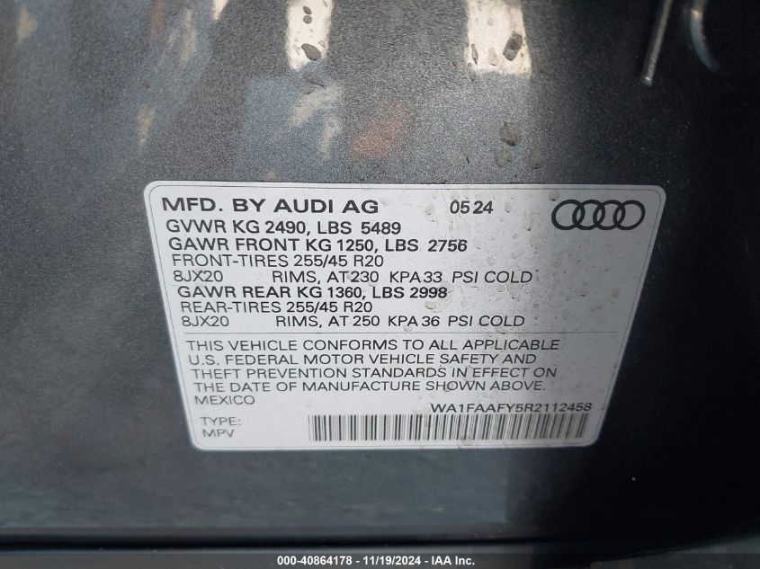 2024 Audi Q5 Prestige 45 Tfsi S Line Quattro S Tronic VIN: WA1FAAFY5R2112458 Lot: 40864178