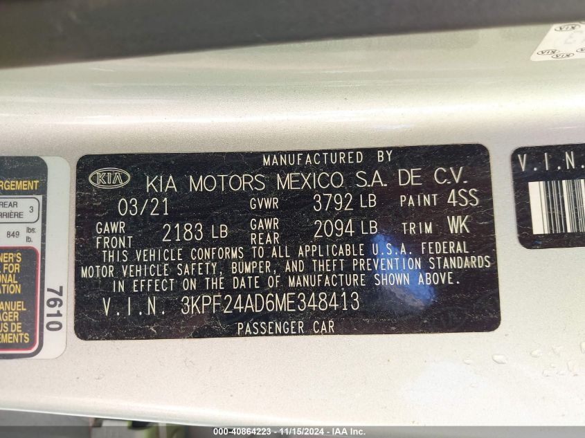 2021 KIA FORTE VIN: 3KPF24AD6ME348413