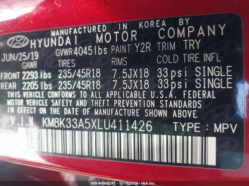 2020 Hyundai Kona Limited VIN: KM8K33A5XLU411426 Lot: 40864297