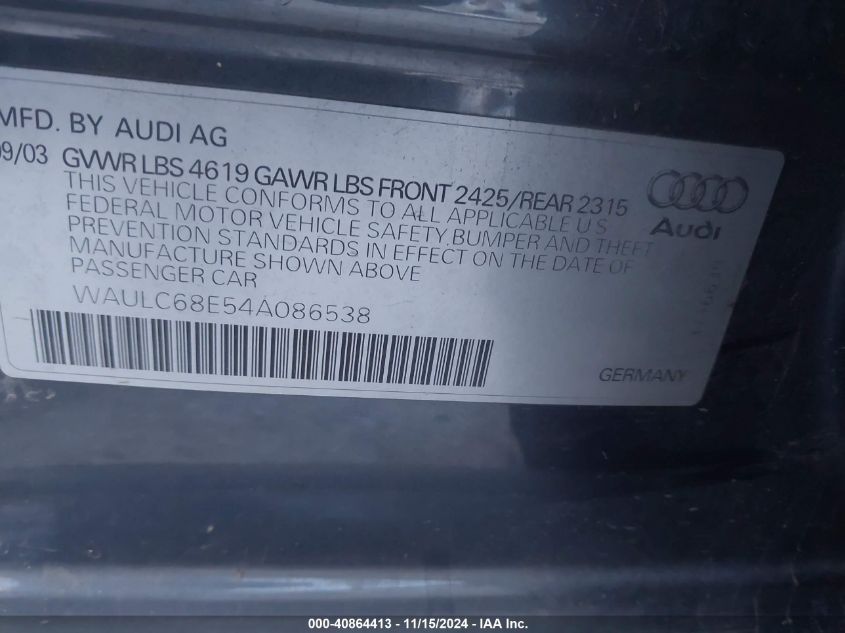 2004 Audi A4 1.8T VIN: WAULC68E54A086538 Lot: 40864413