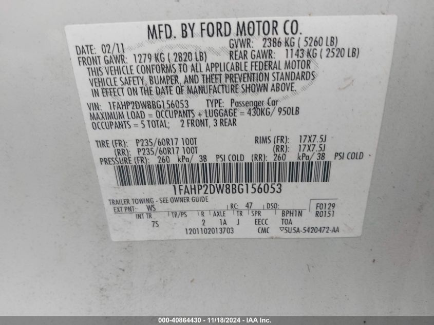 2011 Ford Taurus Se VIN: 1FAHP2DW8BG156053 Lot: 40864430