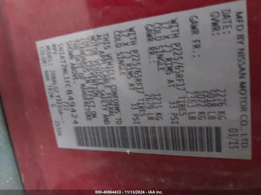 2015 Nissan Rogue Sv VIN: 5N1AT2ML1FC849424 Lot: 40864433