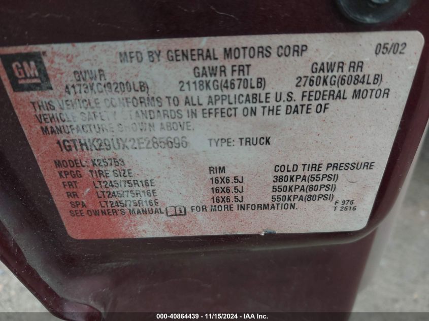 2002 GMC Sierra 2500Hd Sle VIN: 1GTHK29UX2D285696 Lot: 40864439
