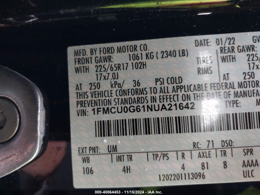 2022 Ford Escape Se VIN: 1FMCU0G61NUA21642 Lot: 40864453