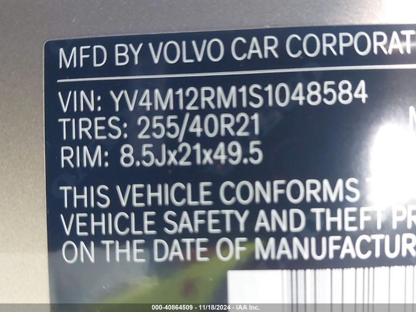 2025 Volvo Xc60 B5 Ultra VIN: YV4M12RM1S1048584 Lot: 40864509