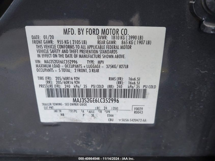 2020 Ford Ecosport Se VIN: MAJ3S2GE6LC352996 Lot: 40864546