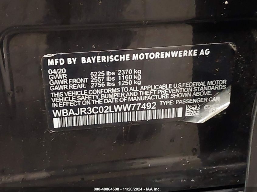 2020 BMW 530I xDrive VIN: WBAJR7C01LCD64882 Lot: 40864598