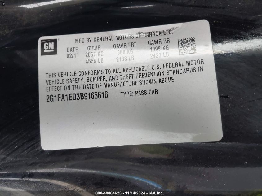 2011 CHEVROLET CAMARO VIN: 2G1FA1ED3B9165616