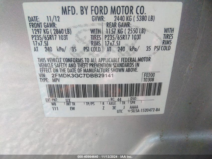 2013 Ford Edge Se VIN: 2FMDK3GC7DBB29141 Lot: 40864640