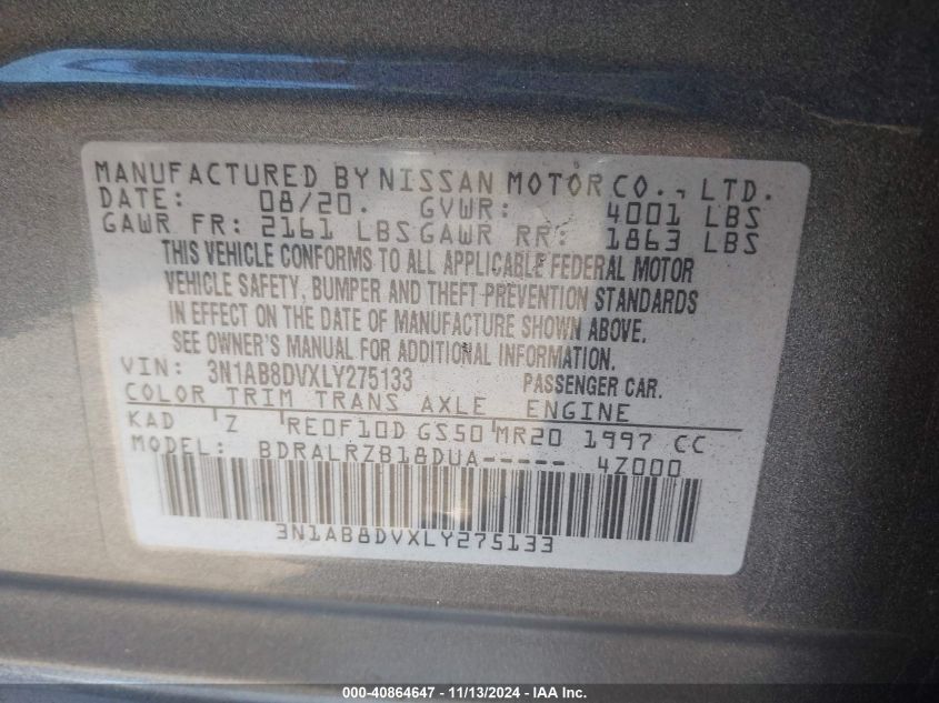 2020 Nissan Sentra Sr Xtronic Cvt VIN: 3N1AB8DVXLY275133 Lot: 40864647