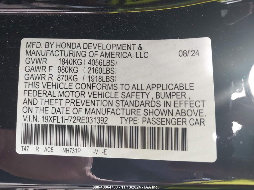 2024 Honda Civic Ex-L VIN: 19XFL1H72RE031392 Lot: 40864708