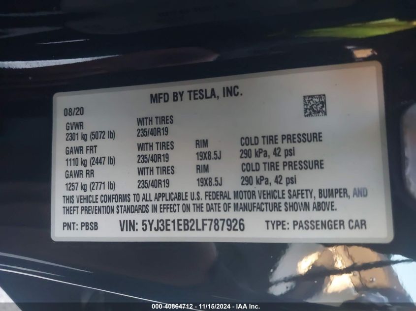 2020 Tesla Model 3 Long Range Dual Motor All-Wheel Drive VIN: 5YJ3E1EB2LF787926 Lot: 40864712