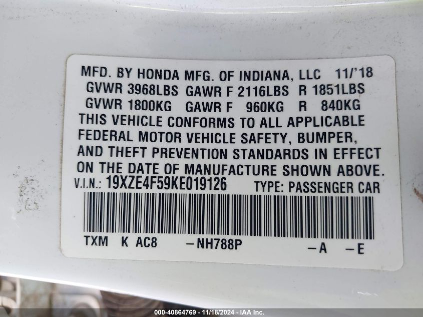 2019 Honda Insight Ex VIN: 19XZE4F59KE019126 Lot: 40864769