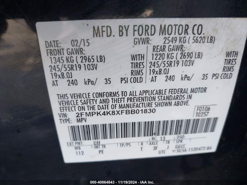 2015 Ford Edge Titanium VIN: 2FMPK4K8XFBB01830 Lot: 40864843