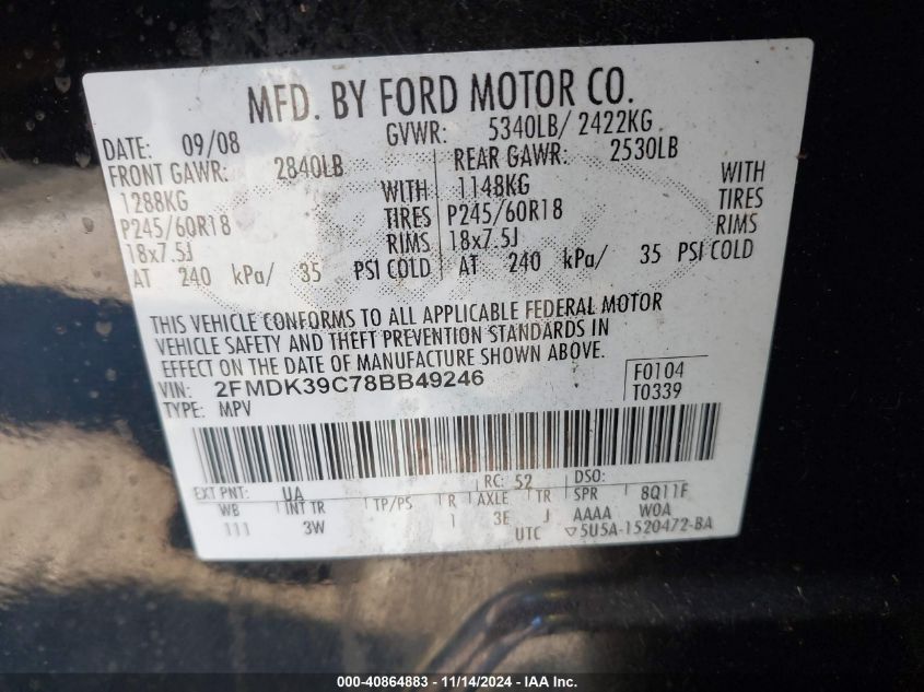 2008 Ford Edge Limited VIN: 2FMDK39C78BB49246 Lot: 40864883