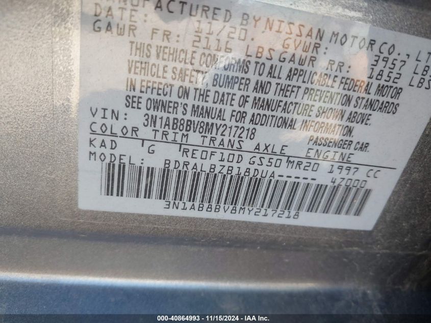 VIN 3N1AB8BV8MY217218 2021 NISSAN SENTRA S XTRONIC CVT
