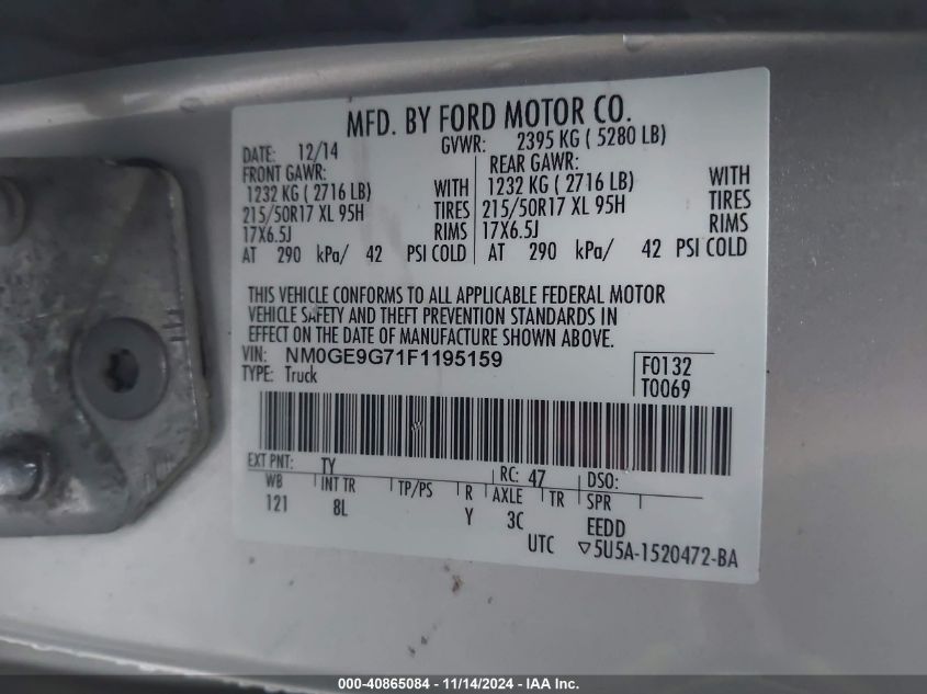 2015 Ford Transit Connect Titanium VIN: NM0GE9G71F1195159 Lot: 40865084