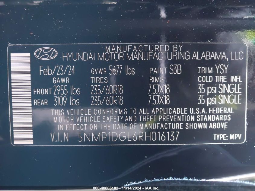 2024 Hyundai Santa Fe Se VIN: 5NMP1DGL6RH016137 Lot: 40865102