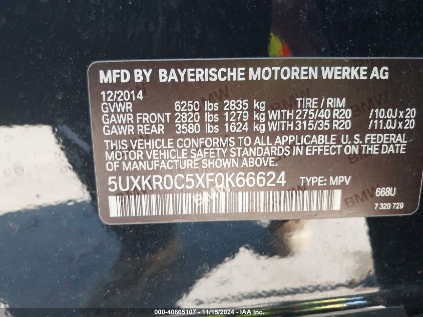 2015 BMW X5 xDrive35I VIN: 5UXKR0C5XF0K66624 Lot: 40865107