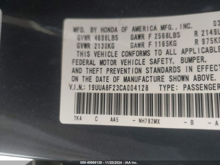 2012 Acura Tl 3.5 VIN: 19UUA8F23CA004128 Lot: 40865120