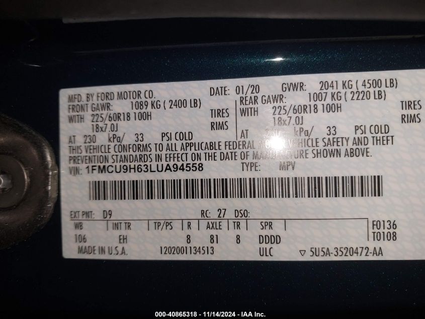 2020 Ford Escape Sel VIN: 1FMCU9H63LUA94558 Lot: 40865318