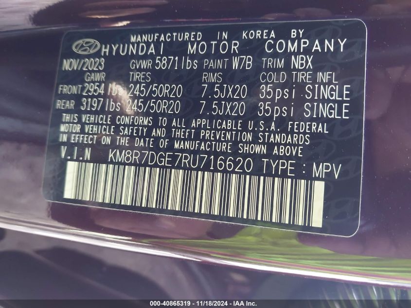 2024 Hyundai Palisade Calligraphy VIN: KM8R7DGE7RU716620 Lot: 40865319