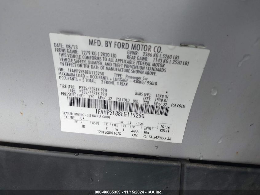 2014 Ford Taurus Sel VIN: 1FAHP2E88EG115250 Lot: 40865359