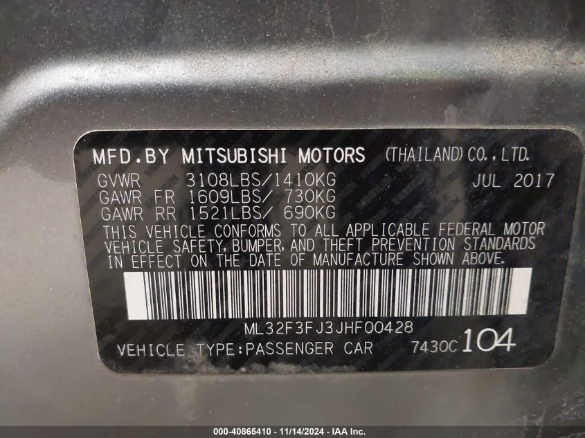 2018 Mitsubishi Mirage G4 Es VIN: ML32F3FJ3JHF00428 Lot: 40865410