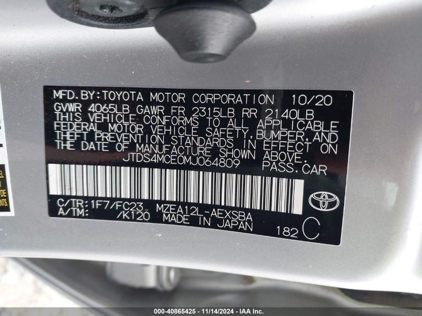 2021 Toyota Corolla Se VIN: JTDS4MCE0MJ064809 Lot: 40865425