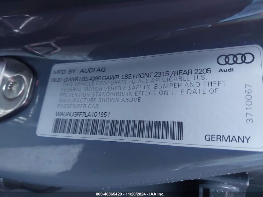 2020 Audi A3 Premium 40 Tfsi Front-Wheel Drive S Tronic VIN: WAUAUGFF7LA101951 Lot: 40865429