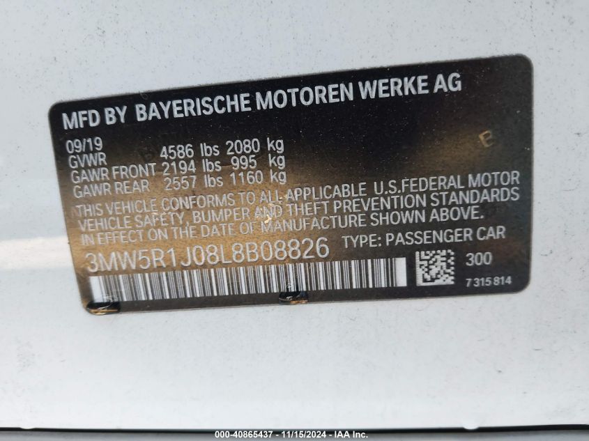 2020 BMW 330I VIN: 3MW5R1J08L8B08826 Lot: 40865437