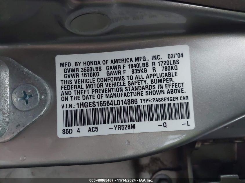 2004 Honda Civic Lx VIN: 1HGES16564L014886 Lot: 40865467