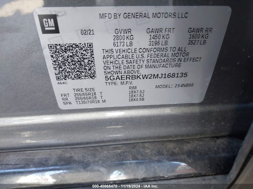 2021 Buick Enclave Fwd Essence VIN: 5GAERBKW2MJ168135 Lot: 40865470